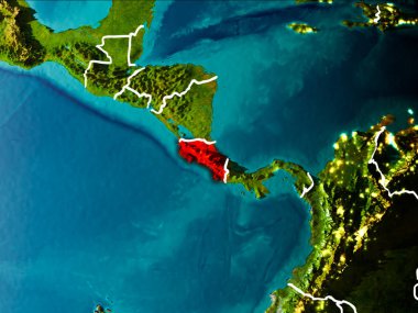 Kosta Rika sabahları Planet Earth görünür kenarlık çizgileri ve şehir ışıkları kırmızı vurgulanır. 3D çizim. Nasa tarafından döşenmiş bu görüntü unsurları.