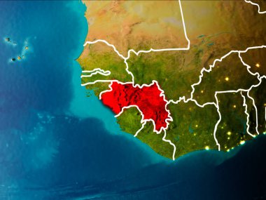 Gine sabahları Planet Earth görünür kenarlık çizgileri ve şehir ışıkları kırmızı vurgulanır. 3D çizim. Nasa tarafından döşenmiş bu görüntü unsurları.
