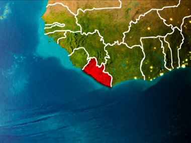 Liberya sabahları Planet Earth görünür kenarlık çizgileri ve şehir ışıkları kırmızı vurgulanır. 3D çizim. Nasa tarafından döşenmiş bu görüntü unsurları.