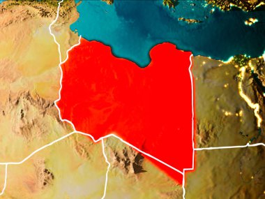 Libya sabahları Planet Earth görünür kenarlık çizgileri ve şehir ışıkları kırmızı vurgulanır. 3D çizim. Nasa tarafından döşenmiş bu görüntü unsurları.