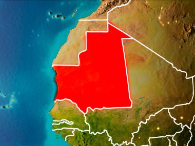 Moritanya sabahları Planet Earth görünür kenarlık çizgileri ve şehir ışıkları kırmızı vurgulanır. 3D çizim. Nasa tarafından döşenmiş bu görüntü unsurları.