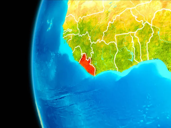 Dünya yörüngesinde gezegen dan görüldüğü gibi Liberya dünya görünür kenarlıklar kırmızı vurgulanır. 3D çizim. Nasa tarafından döşenmiş bu görüntü unsurları.