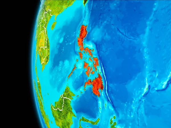Philippines as seen from Earth orbit on planet Earth highlighted in red with visible borders. 3D illustration. Elements of this image furnished by NASA.