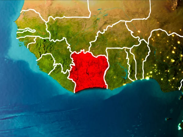 Fildişi Sahili sabahları Planet Earth görünür kenarlık çizgileri ve şehir ışıkları kırmızı vurgulanır. 3D çizim. Nasa tarafından döşenmiş bu görüntü unsurları.