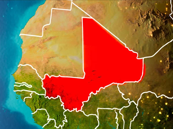 Mali sabahları Planet Earth görünür kenarlık çizgileri ve şehir ışıkları kırmızı vurgulanır. 3D çizim. Nasa tarafından döşenmiş bu görüntü unsurları.