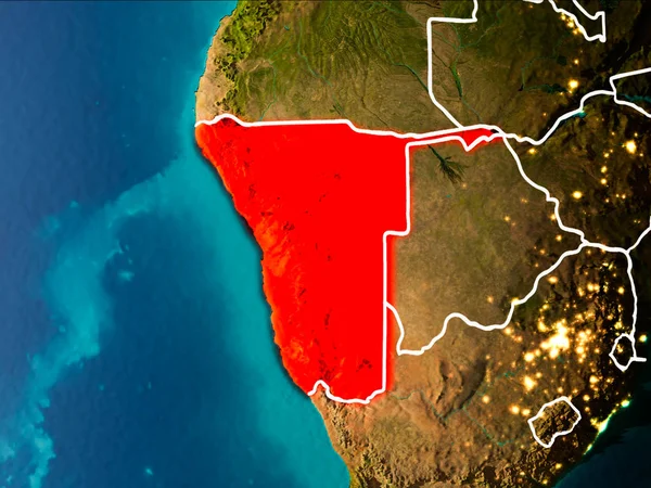 Namibya sabahları Planet Earth görünür kenarlık çizgileri ve şehir ışıkları kırmızı vurgulanır. 3D çizim. Nasa tarafından döşenmiş bu görüntü unsurları.