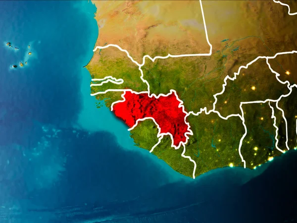 Gine sabahları Planet Earth görünür kenarlık çizgileri ve şehir ışıkları kırmızı vurgulanır. 3D çizim. Nasa tarafından döşenmiş bu görüntü unsurları.