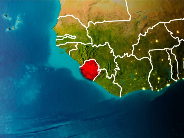 Sierra Leone sabahları Planet Earth görünür kenarlık çizgileri ve şehir ışıkları kırmızı vurgulanır. 3D çizim. Nasa tarafından döşenmiş bu görüntü unsurları.