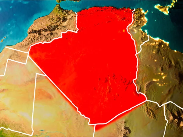 Cezayir sabahları Planet Earth görünür kenarlık çizgileri ve şehir ışıkları kırmızı vurgulanır. 3D çizim. Nasa tarafından döşenmiş bu görüntü unsurları.