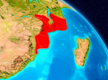 Alan görünümünü Mozambik Planet Earth kırmızı vurgulanır. 3D çizim. Nasa tarafından döşenmiş bu görüntü unsurları.