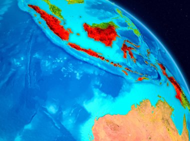 Alan görünümünü Endonezya Planet Earth kırmızı vurgulanır. 3D çizim. Nasa tarafından döşenmiş bu görüntü unsurları.