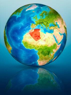 Cezayir kırmızı yansıtıcı mavi yüzeyi Dünya gezegeninin modeli. 3D çizim. Nasa tarafından döşenmiş bu görüntü unsurları.