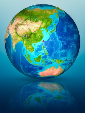 Tayvan kırmızı yansıtıcı mavi yüzeyi Dünya gezegeninin modeli. 3D çizim. Nasa tarafından döşenmiş bu görüntü unsurları.