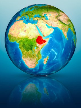 Etiyopya kırmızı yansıtıcı mavi yüzeyi Dünya gezegeninin modeli. 3D çizim. Nasa tarafından döşenmiş bu görüntü unsurları.