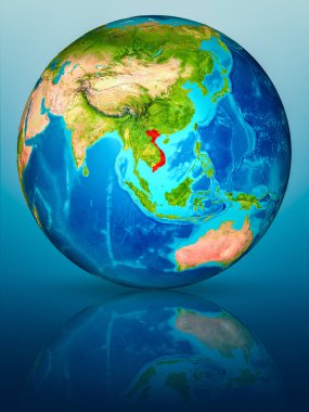 Vietnam kırmızı yansıtıcı mavi yüzeyi Dünya gezegeninin modeli. 3D çizim. Nasa tarafından döşenmiş bu görüntü unsurları.