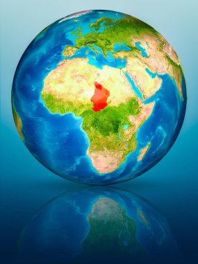 Chad kırmızı yansıtıcı mavi yüzeyi Dünya gezegeninin modeli. 3D çizim. Nasa tarafından döşenmiş bu görüntü unsurları.