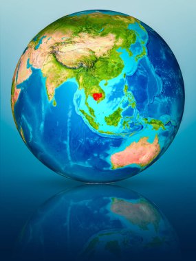 Kamboçya'da kırmızı yansıtıcı mavi yüzeyi Dünya gezegeninin modeli. 3D çizim. Nasa tarafından döşenmiş bu görüntü unsurları.