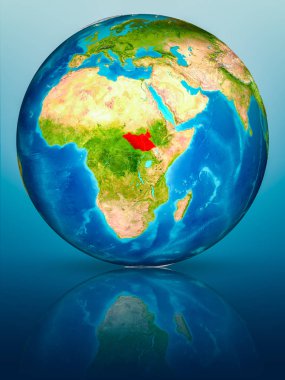 Güney Sudan kırmızı yansıtıcı mavi yüzeyi Dünya gezegeninin modeli. 3D çizim. Nasa tarafından döşenmiş bu görüntü unsurları.