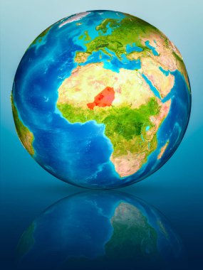 Nijer kırmızı yansıtıcı mavi yüzeyi Dünya gezegeninin modeli. 3D çizim. Nasa tarafından döşenmiş bu görüntü unsurları.