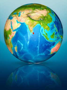 Sri Lanka kırmızı yansıtıcı mavi yüzeyi Dünya gezegeninin modeli. 3D çizim. Nasa tarafından döşenmiş bu görüntü unsurları.