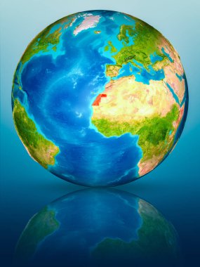 Batı Sahra kırmızı yansıtıcı mavi yüzeyi Dünya gezegeninin modeli. 3D çizim. Nasa tarafından döşenmiş bu görüntü unsurları.