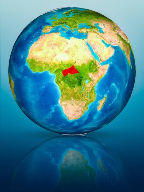 Orta Afrika'da kırmızı yansıtıcı mavi yüzeyi Dünya gezegeninin modeli. 3D çizim. Nasa tarafından döşenmiş bu görüntü unsurları.