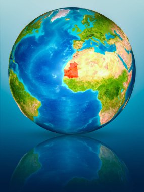 Moritanya kırmızı yansıtıcı mavi yüzeyi Dünya gezegeninin modeli. 3D çizim. Nasa tarafından döşenmiş bu görüntü unsurları.