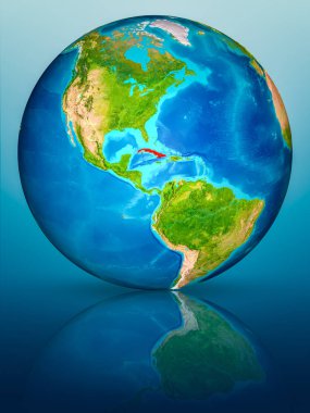 Küba'da kırmızı yansıtıcı mavi yüzeyi Dünya gezegeninin modeli. 3D çizim. Nasa tarafından döşenmiş bu görüntü unsurları.