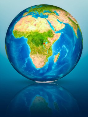 Ruanda kırmızı yansıtıcı mavi yüzeyi Dünya gezegeninin modeli. 3D çizim. Nasa tarafından döşenmiş bu görüntü unsurları.