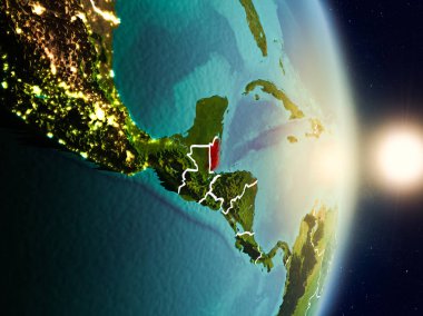 Belize red Planet Earth görünür ülke sınırları ile vurgulanmış gündoğumu sırasında. 3D çizim. Nasa tarafından döşenmiş bu görüntü unsurları.