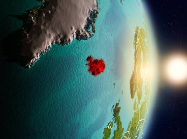 İzlanda red Planet Earth görünür ülke sınırları ile vurgulanmış gündoğumu sırasında. 3D çizim. Nasa tarafından döşenmiş bu görüntü unsurları.