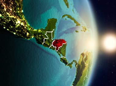 Honduras red Planet Earth görünür ülke sınırları ile vurgulanmış gündoğumu sırasında. 3D çizim. Nasa tarafından döşenmiş bu görüntü unsurları.