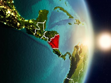 Nikaragua red Planet Earth görünür ülke sınırları ile vurgulanmış gündoğumu sırasında. 3D çizim. Nasa tarafından döşenmiş bu görüntü unsurları.