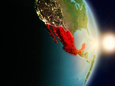 Meksika red Planet Earth görünür ülke sınırları ile vurgulanmış gündoğumu sırasında. 3D çizim. Nasa tarafından döşenmiş bu görüntü unsurları.