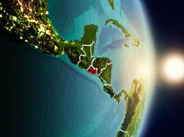 El Salvador red Planet Earth görünür ülke sınırları ile vurgulanmış gündoğumu sırasında. 3D çizim. Nasa tarafından döşenmiş bu görüntü unsurları.