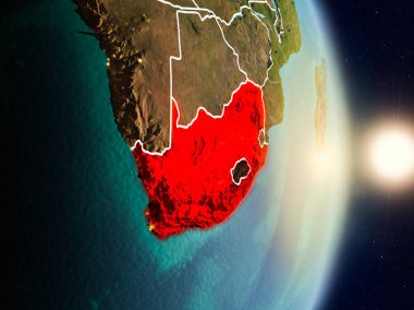 Güney Afrika Planet Earth görünür ülke sınırları ile kırmızı vurgulanır gündoğumu sırasında. 3D çizim. Nasa tarafından döşenmiş bu görüntü unsurları.