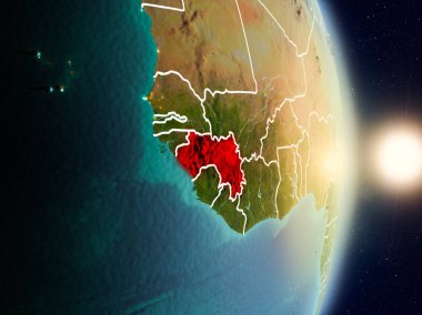 Gine kırmızı Planet Earth görünür ülke sınırları ile vurgulanan gündoğumu sırasında. 3D çizim. Nasa tarafından döşenmiş bu görüntü unsurları.
