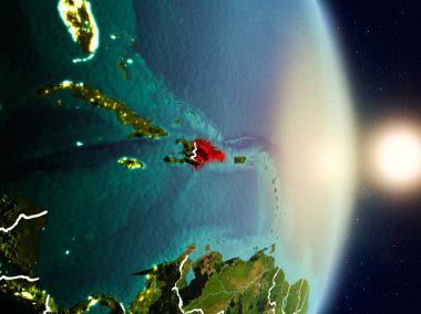 Dominik Cumhuriyeti döneminde gündoğumu Planet Earth görünür ülke sınırları ile kırmızı vurgulanır. 3D çizim. Nasa tarafından döşenmiş bu görüntü unsurları.