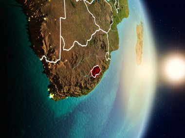 Lesotho red Planet Earth görünür ülke sınırları ile vurgulanmış gündoğumu sırasında. 3D çizim. Nasa tarafından döşenmiş bu görüntü unsurları.
