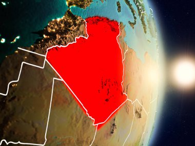 Cezayir gündoğumu Planet Earth görünür ülke sınırları ile kırmızı vurgulanan sırasında. 3D çizim. Nasa tarafından döşenmiş bu görüntü unsurları.