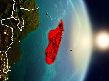 Madagaskar red Planet Earth görünür ülke sınırları ile vurgulanmış gündoğumu sırasında. 3D çizim. Nasa tarafından döşenmiş bu görüntü unsurları.