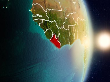 Liberya red Planet Earth görünür ülke sınırları ile vurgulanmış gündoğumu sırasında. 3D çizim. Nasa tarafından döşenmiş bu görüntü unsurları.