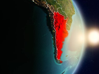 Arjantin red Planet Earth görünür ülke sınırları ile vurgulanmış gündoğumu sırasında. 3D çizim. Nasa tarafından döşenmiş bu görüntü unsurları.