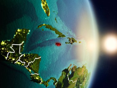 Jamaika red Planet Earth görünür ülke sınırları ile vurgulanmış gündoğumu sırasında. 3D çizim. Nasa tarafından döşenmiş bu görüntü unsurları.