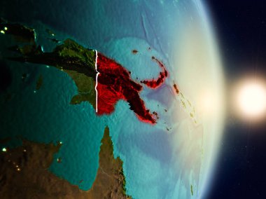 Papua Yeni Gine kırmızı Planet Earth görünür ülke sınırları ile vurgulanan gündoğumu sırasında. 3D çizim. Nasa tarafından döşenmiş bu görüntü unsurları.
