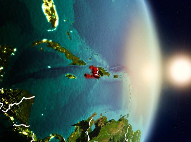 Planet Earth görünür ülke sınırları ile kırmızı vurgulanır gündoğumu sırasında Haiti. 3D çizim. Nasa tarafından döşenmiş bu görüntü unsurları.