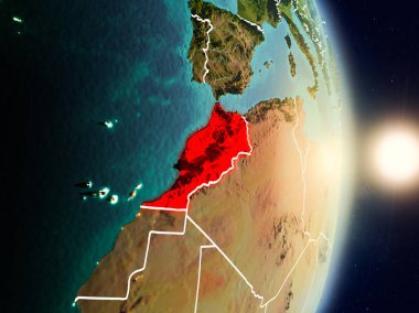 Fas red Planet Earth görünür ülke sınırları ile vurgulanmış gündoğumu sırasında. 3D çizim. Nasa tarafından döşenmiş bu görüntü unsurları.