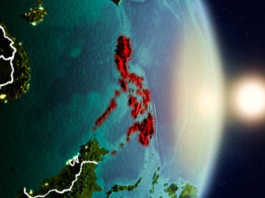 Filipinler red Planet Earth görünür ülke sınırları ile vurgulanmış gündoğumu sırasında. 3D çizim. Nasa tarafından döşenmiş bu görüntü unsurları.