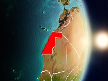 Batı Sahra red Planet Earth görünür ülke sınırları ile vurgulanmış gündoğumu sırasında. 3D çizim. Nasa tarafından döşenmiş bu görüntü unsurları.