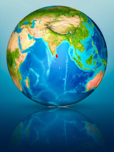 Sri Lanka kırmızı yansıtıcı mavi yüzeyi Dünya gezegeninin modeli. 3D çizim. Nasa tarafından döşenmiş bu görüntü unsurları.
